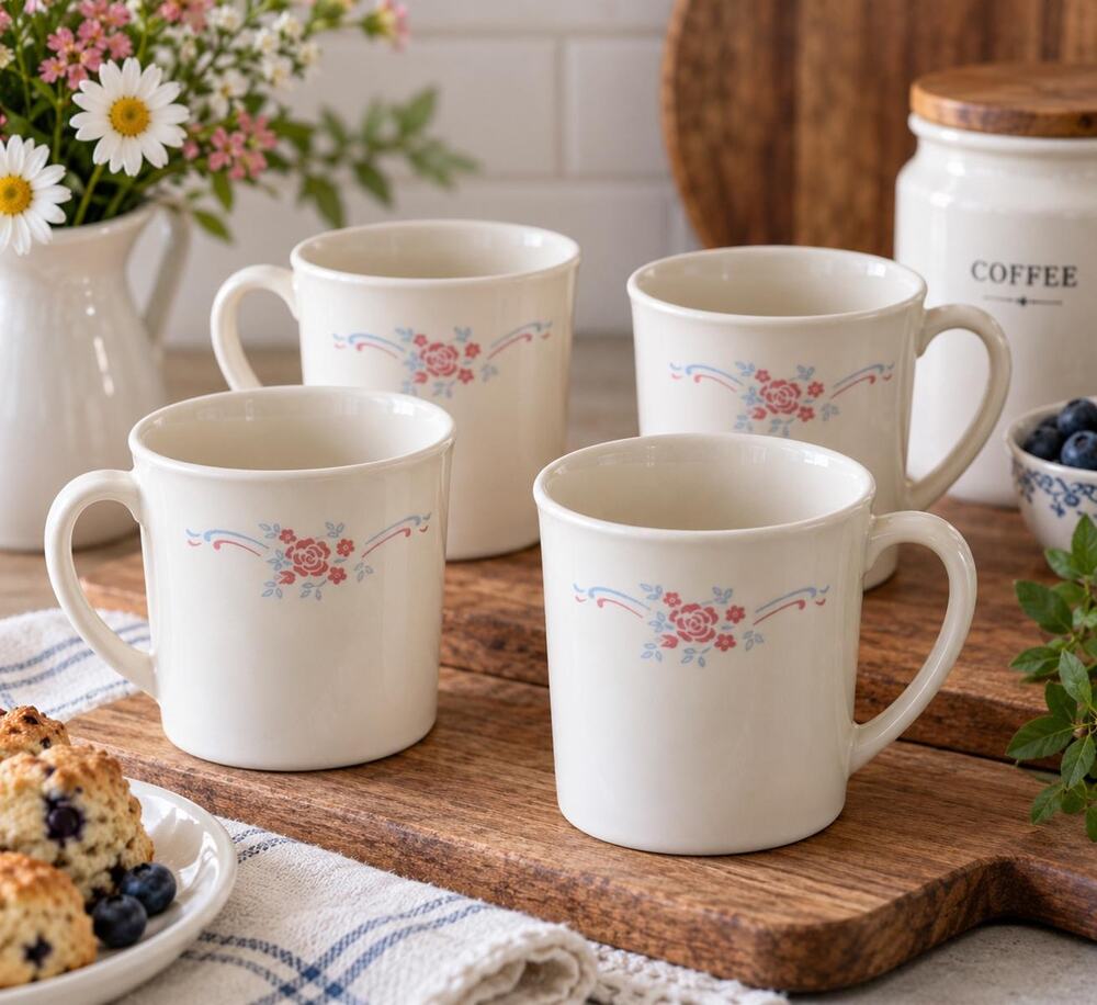 Vintage Corelle English Breakfast Mugs Set of 4 Corning Pink Rose Floral Cups